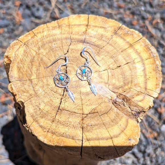 Navajo Mini Dreamcatcher Leaf Dangle Earrings Turquoise Native Am Jewelry*** - Picture 8 of 9
